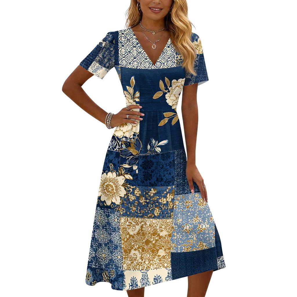 Women's Casual Vintage Floral Print Short Sleeve V Neck Dress Knee Length Lightweight Summer Dress for Daily Wear