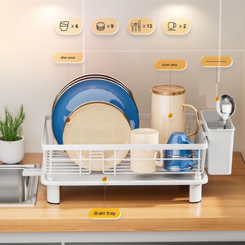 Practical Kitchen Dish Drainer Stand Featuring Turning Water Collector And Strong Carbon Steel Frame For Tableware Storage