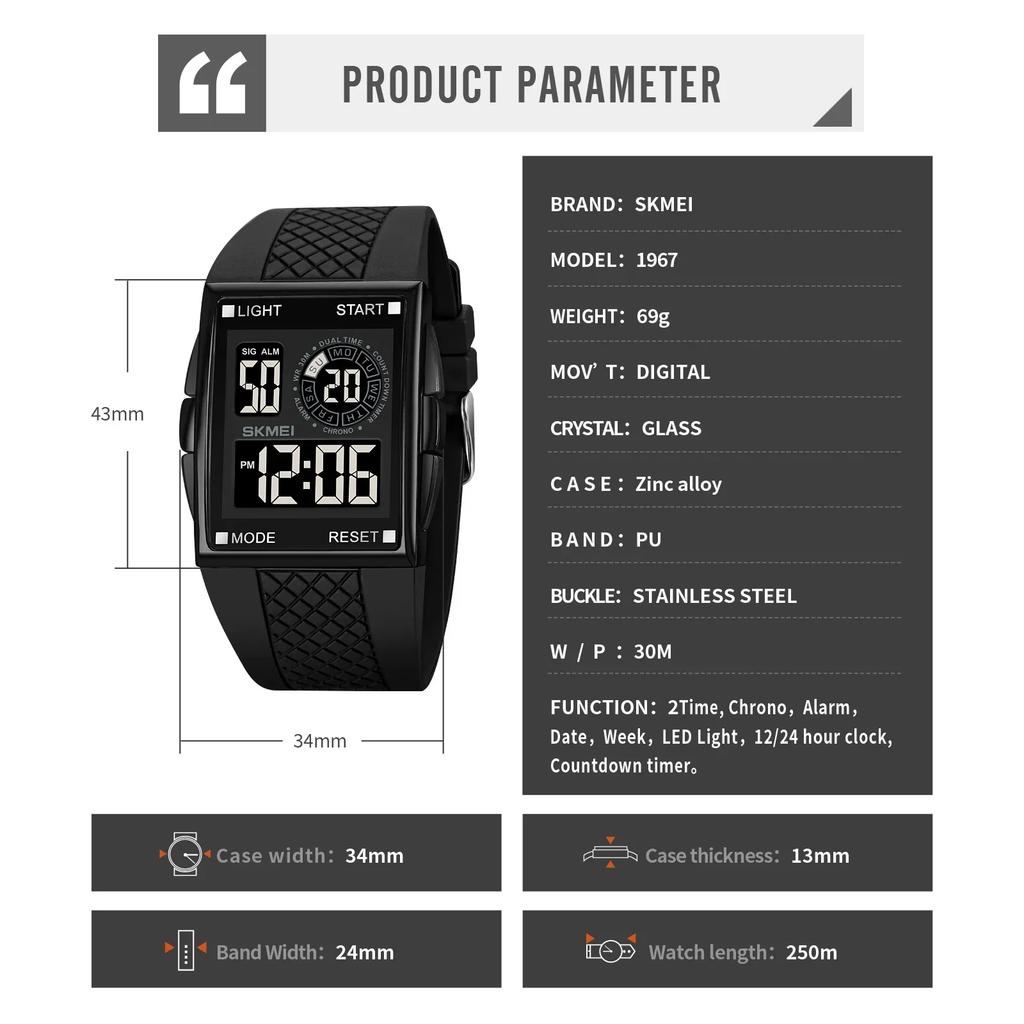SKMEI 1967 reloj hombre Japan Digital movement Watch Mens military 3Bar Waterproof Countdown LED Light Electronic Wristwatches