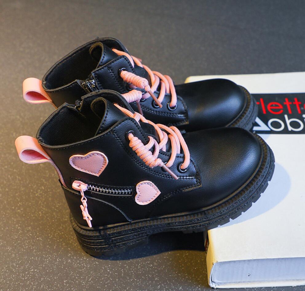 Fashion Girls Boots Kids Fashion Rubber Boots Cool Girl Autumn and Winter Cotton Soft Sole Pink with Love Side Zip Princess Round-toe PU