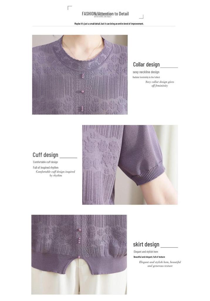 Elegant Women's Knitwear: Casual, Slimming Round Neck Short Sleeve Top for Mothers, Loose & Comfortable Fit