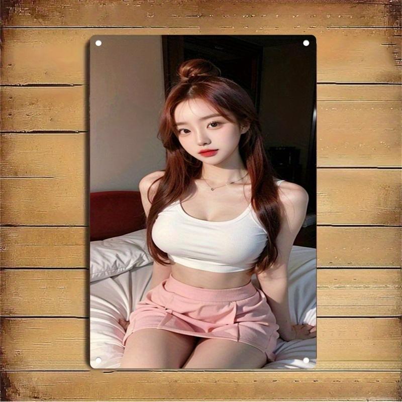 Retro Tin Poster Wall DecorMetal Poster - Korean-Vibe Female Face & White Crop Top Design - Heavy-Duty Iron Pl