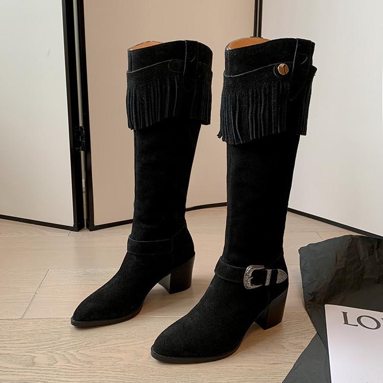 European and American Style Small Round Head Cow Anti-velvet Western Boots~ New Rivet Sleeve Thick Heel Medium Heel High Boots Fringed Boots Women