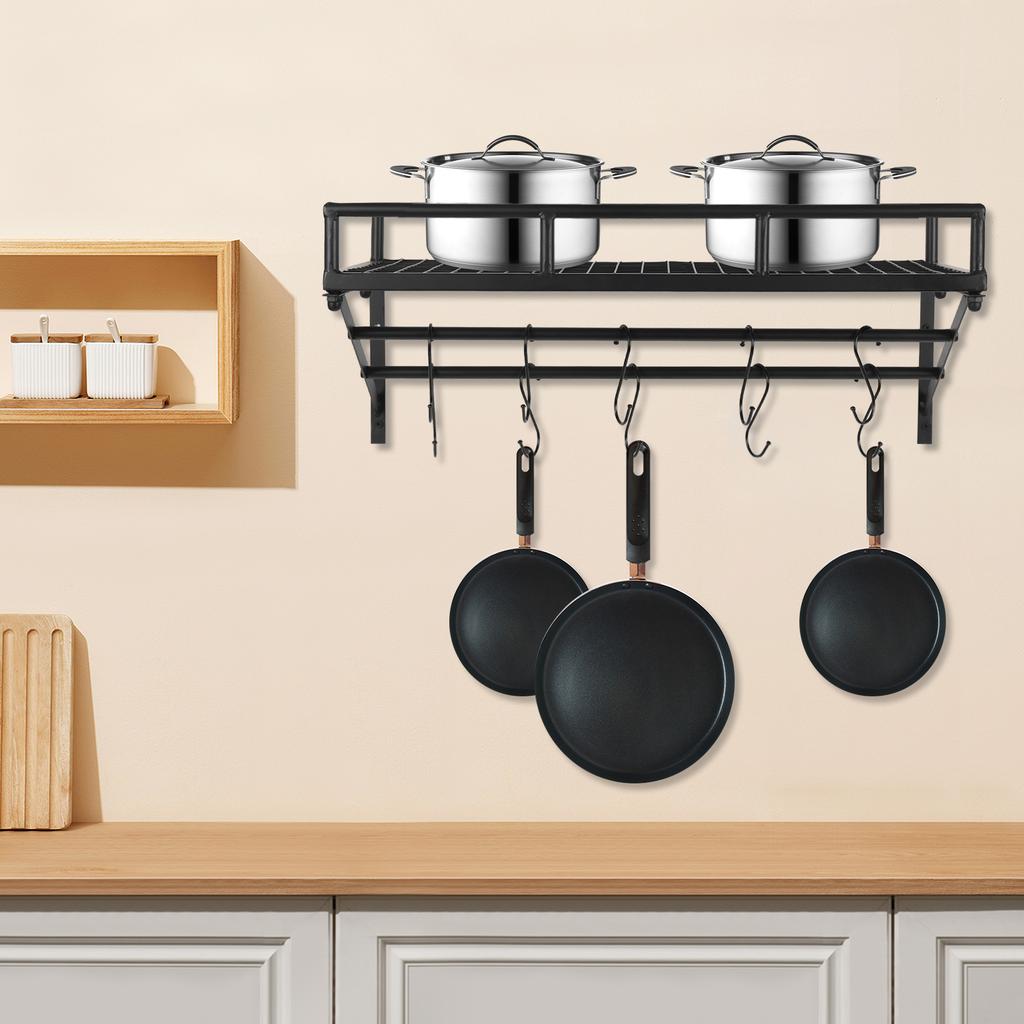 Modernt väggmonterat köksförvaringshylla - Förvaringsställ för köksredskap, kastruller, pannor med 10 krokar, Utrymmesbesparande design, Maxbelastning 20 kg/44 lbs