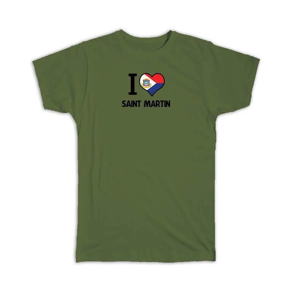 Gift T-Shirt : I Love Saint Martin Flag Heart Country Crest Expat 4XL
