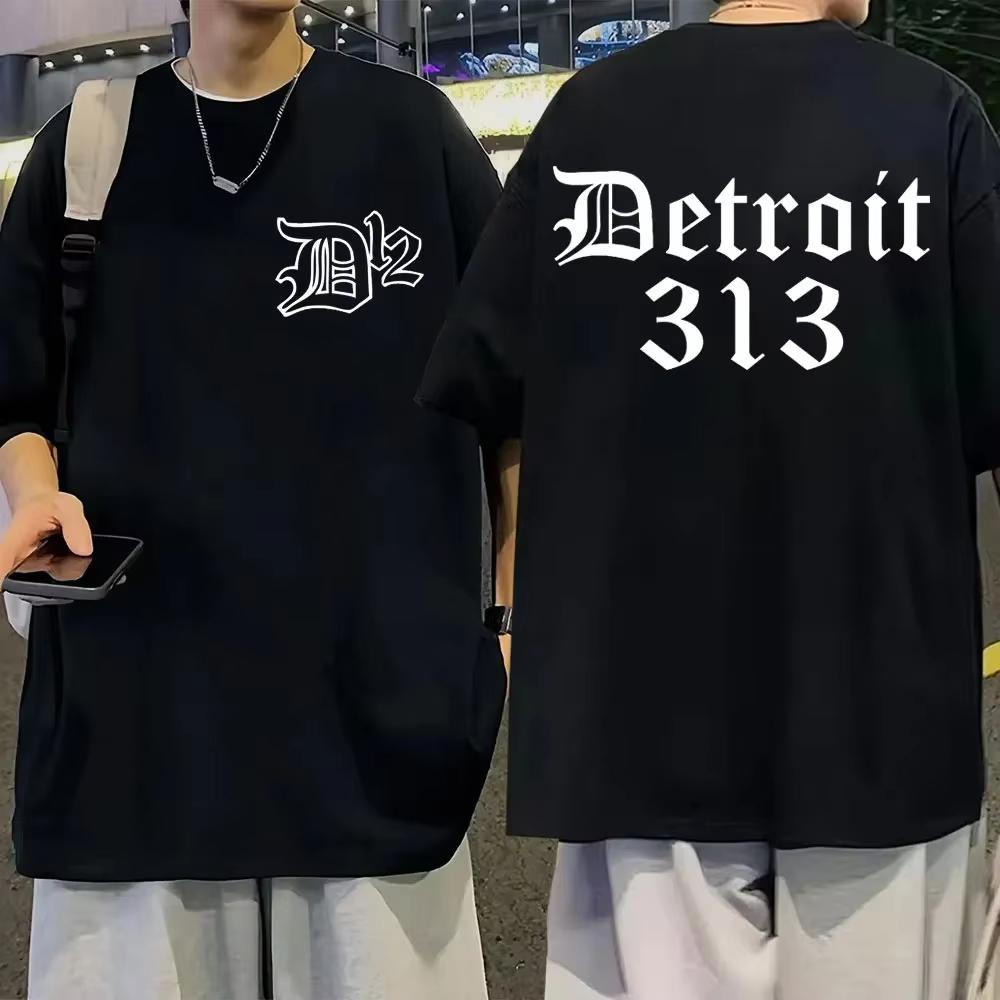 Large Cotton Men's D12 Band Rapper Eminem T-shirt Detroit Michigan 313 Printed T-shirt Men's Fashionable Casual T-shirt Top