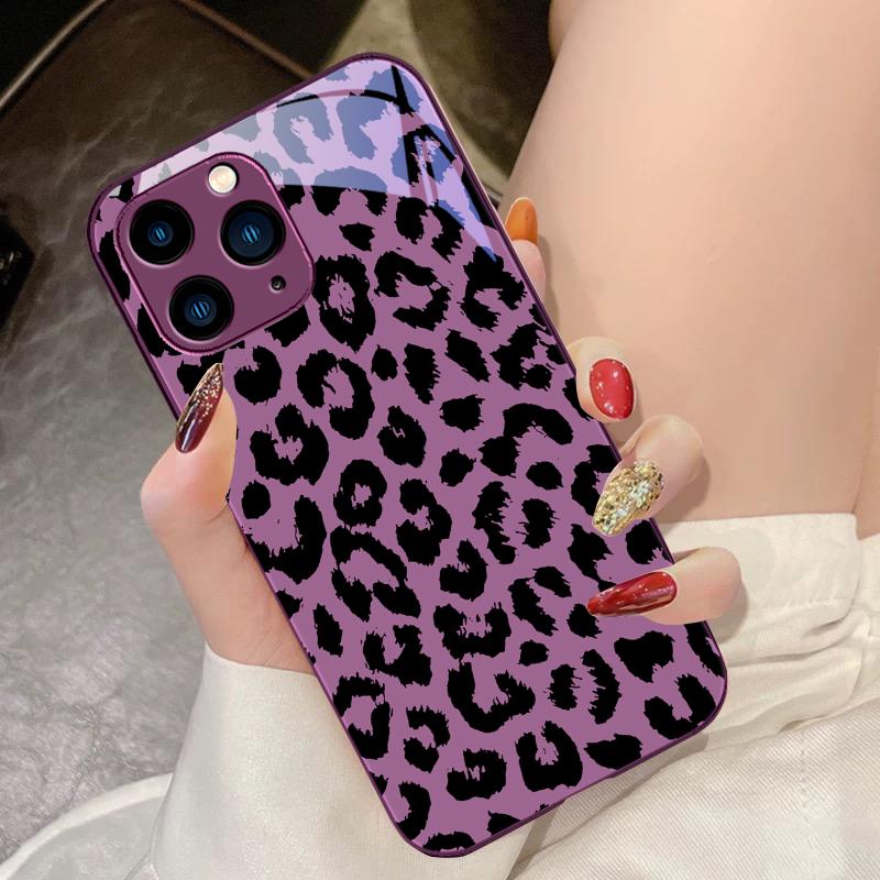 Green Tempered Glass Phone Case For IPhone 15 Pro 14 13 12 Mini 11 XS Max XR 7 8 Plu SE 2020 2022 Black Leopard Print Blue