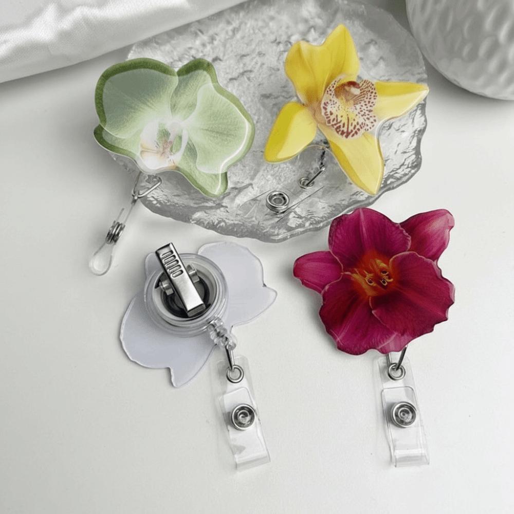 Durable Holder Clip Orchid Flower Shape ID Badge Reel Retractable Badge Holder Office Employee