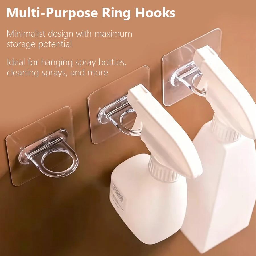 4Pcs Self Adhesive Ring Hooks, Wall Mount Bottle Holders, Punch-Free Hanging Hooks for Pump Spray Bottles, Keys and Curtain Rods