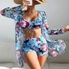Msfilia Women's Swimsuit Split Three Piece Set High Waist Long Sleeve Ins Overshirt Drawstring Printed Bikini Suits