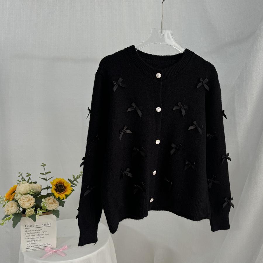 Women's 3D Bow Sweater 2026 New Fall Winter Long Sleeve Cardigan Cute Knit Top White S