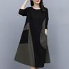Autumn Plus Size Contrast Patchwork Long Sleeve Dress - Slimming, Stylish, Tummy Concealing Mid-Length Skirt for Women