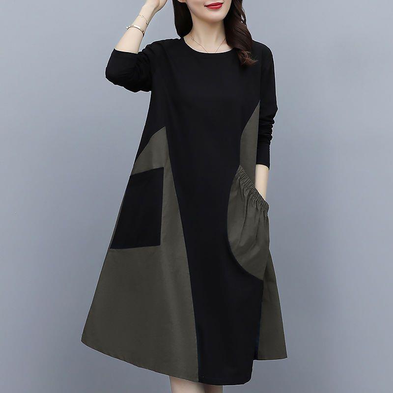 Autumn Plus Size Contrast Patchwork Long Sleeve Dress - Slimming, Stylish, Tummy Concealing Mid-Length Skirt for Women