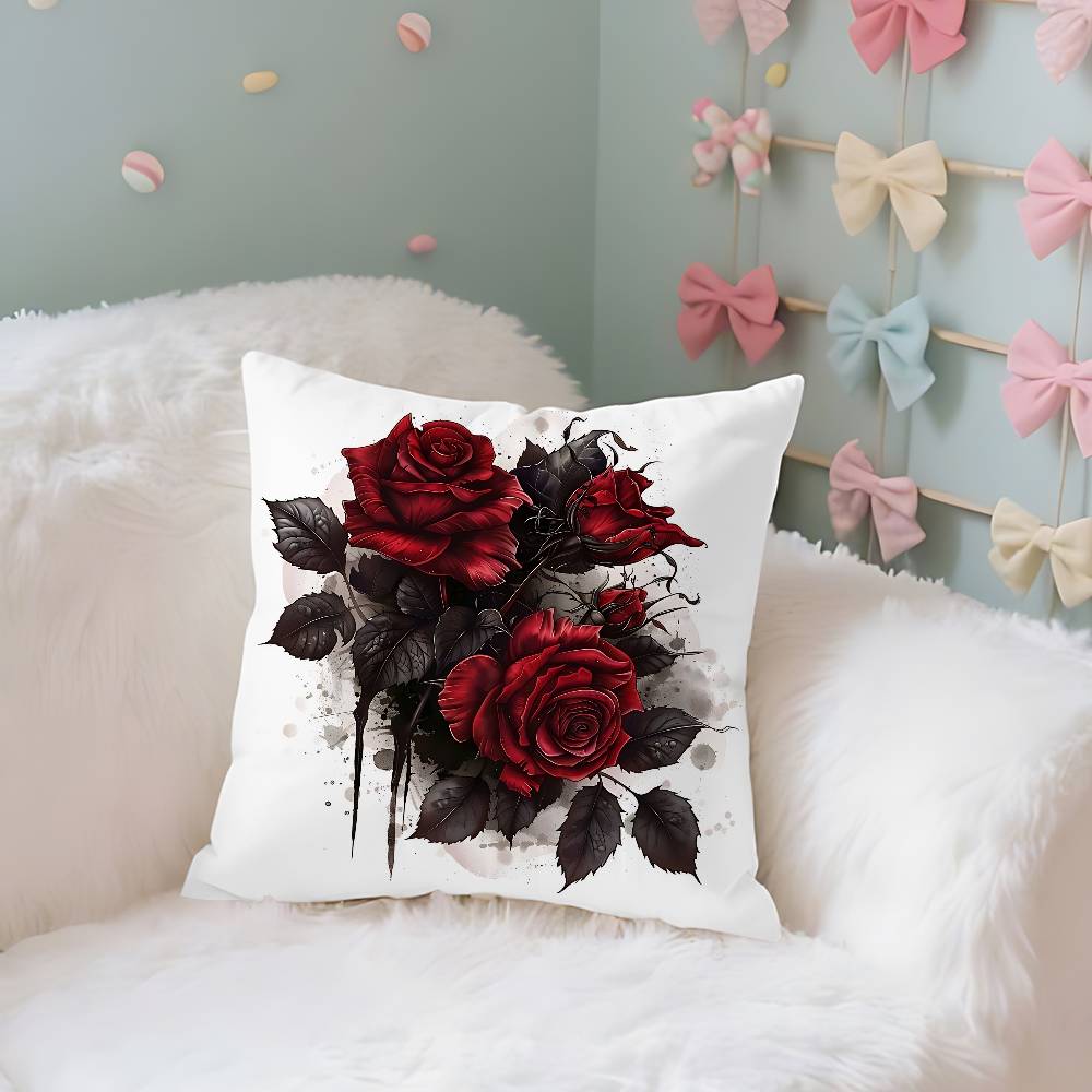 4 Stück Schwarzes Rotes Rosen-Etui Plüschstoff Weiche Kissenhülle Doppelseitiger Druck Kissenbezug Haushaltsgeschenke