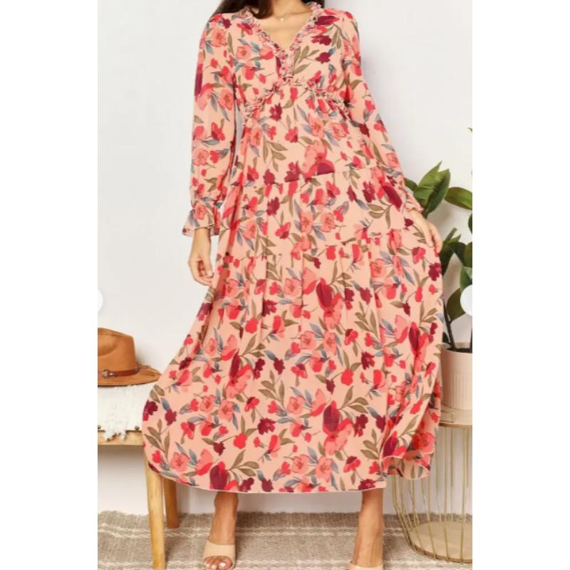 Women Floral Print Long Sleeve V Neck Ruffle Trim Tiered Chiffon Maxi Dress Boho Casual Beach Vacation Wedding Guest Evening Party Elegant Long Dress