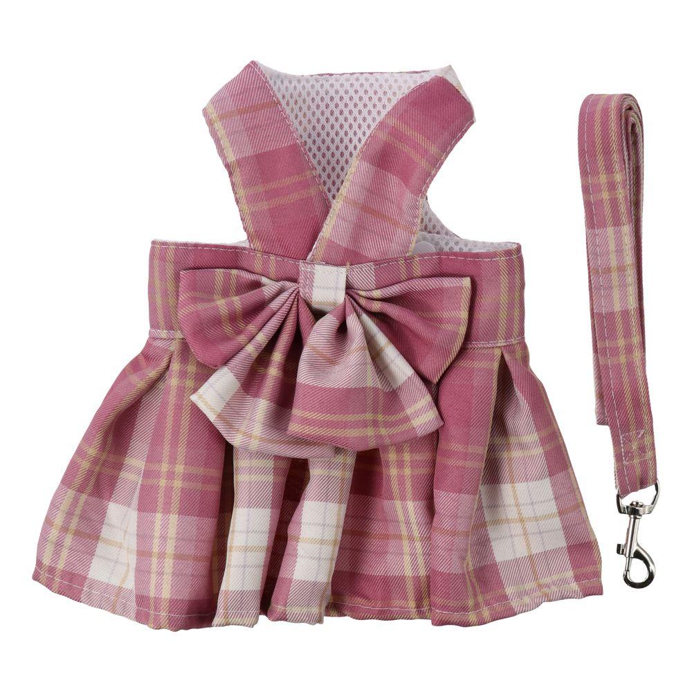 Lattice Dog Dress Dark Pink Pet Clothes for Small Girl Dogs Cats Harness and Leash Set