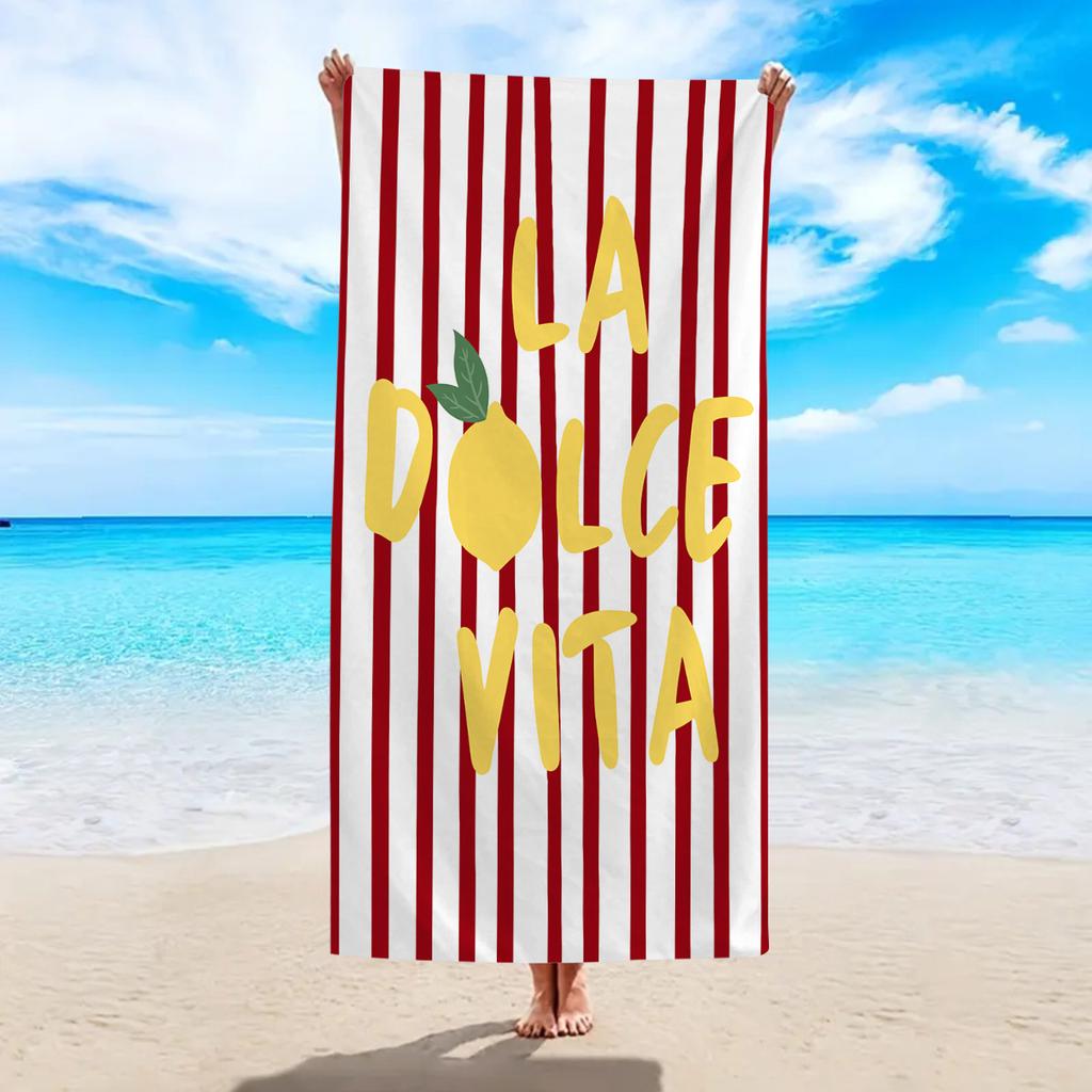 1pc striped lemon "La Dolce Vita" printed beach towel, a multifunctional beach towel suitable for camping, vacation and swimming