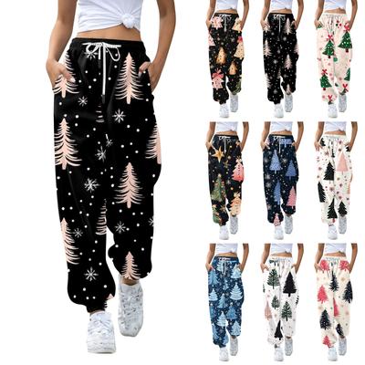 Women's High Waisted Sweatpants Christmas Print With Pockets Drawstring Trousers