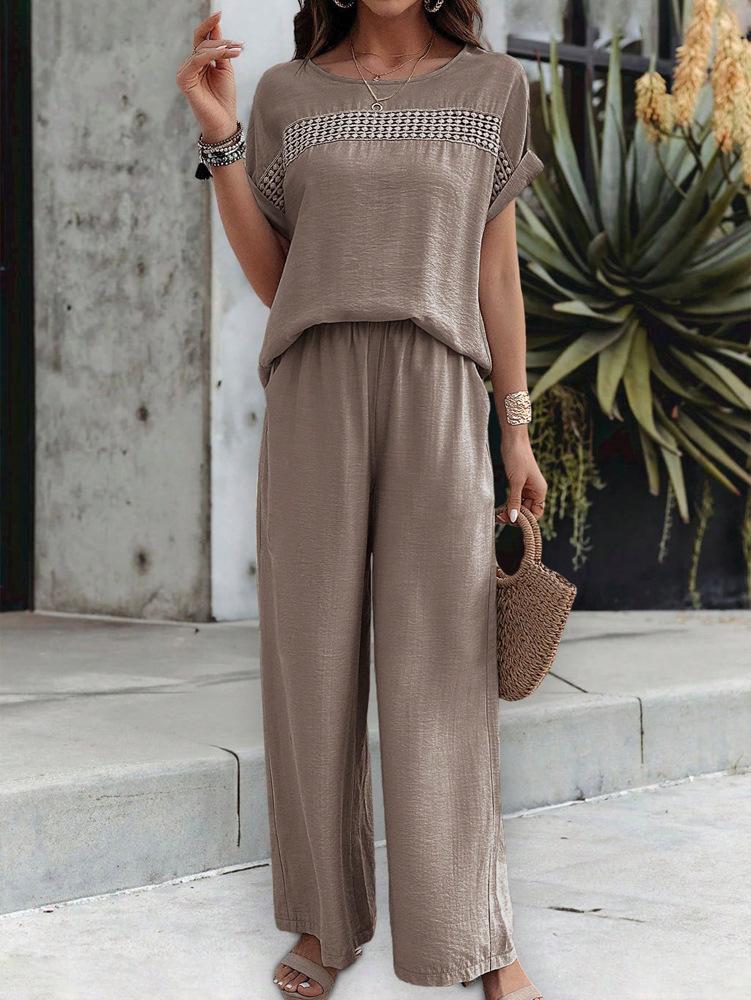 Women's Casual Fashion Solid Color Short Sleeve Long Pants Set