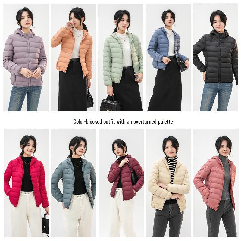 

Women s 2023 Winter Lightweight Down Jacket - Hooded, Short, Stand-Up Collar, Plus Size, White Duck Down. L (100-115 lb)