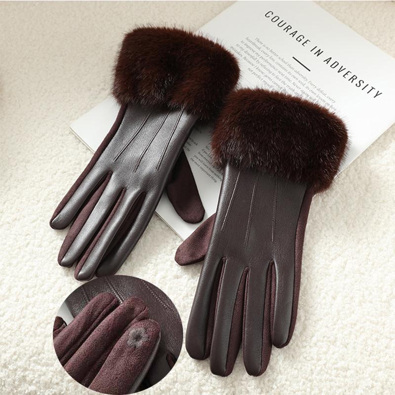 Winter Fashion With Faux Fur Trim Pu Leather Women'S Gloves For Cold Weather Cuff Thickened Thermal Lining Windproof Warm Gloves