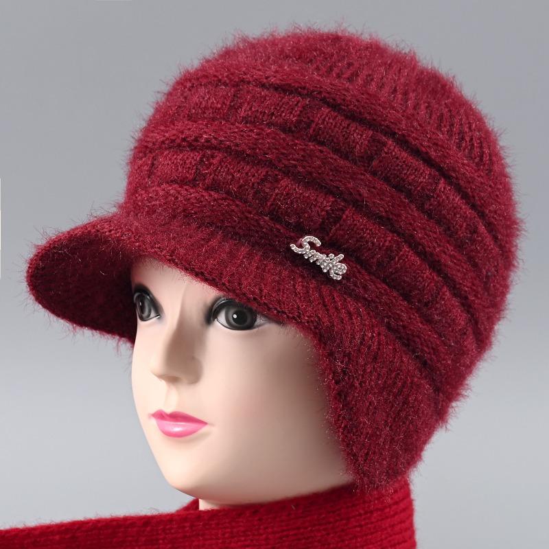 Winter Hat Female Old Lady Knitted Wool Hat Piled Thickened Warm and Cold Ear Hat