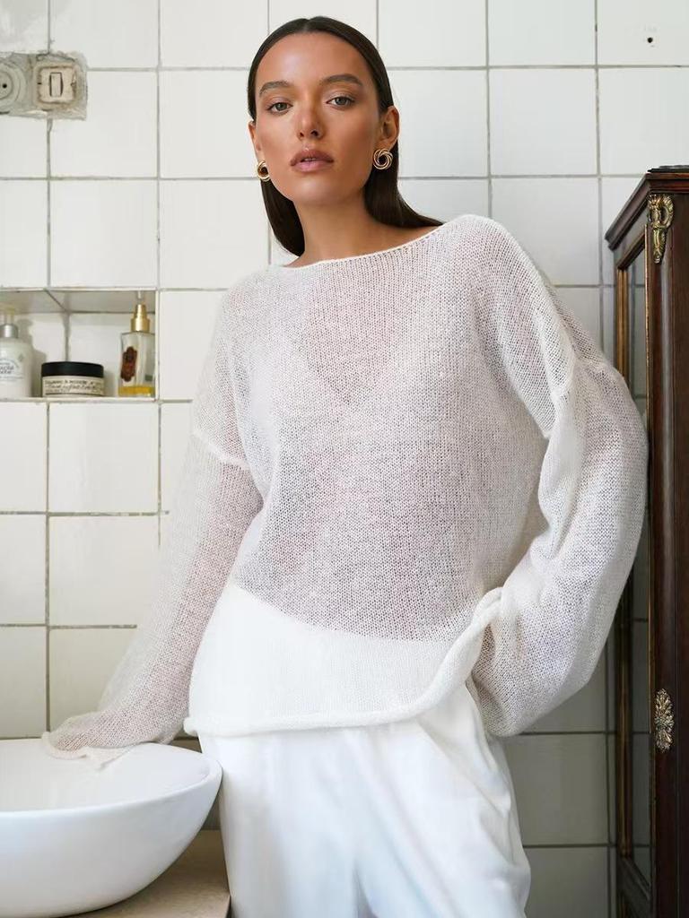 Top a Maglia Rete Autunnale da Donna - Maglione Sexy Trasparente Girocollo