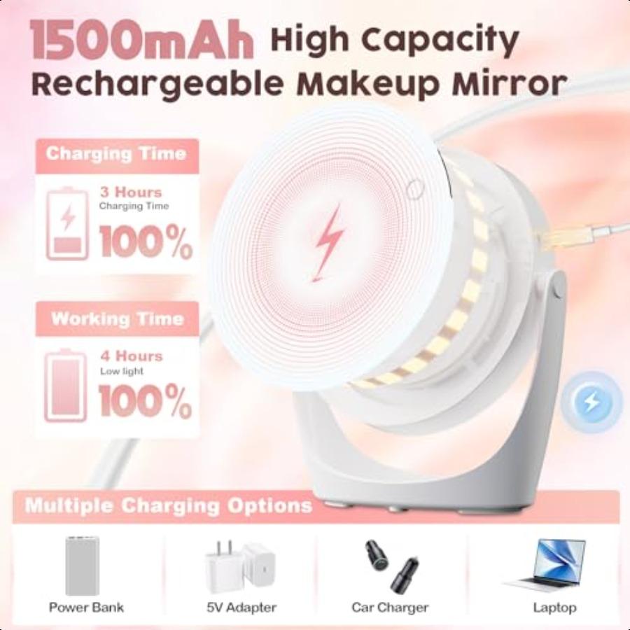 Makeup Vanity Mirror with Lights 10x 1x Magnifying Mirror with 3 Colors Light 360Rotation HD Magnifying Mirror LEDs 1500 mAh Re