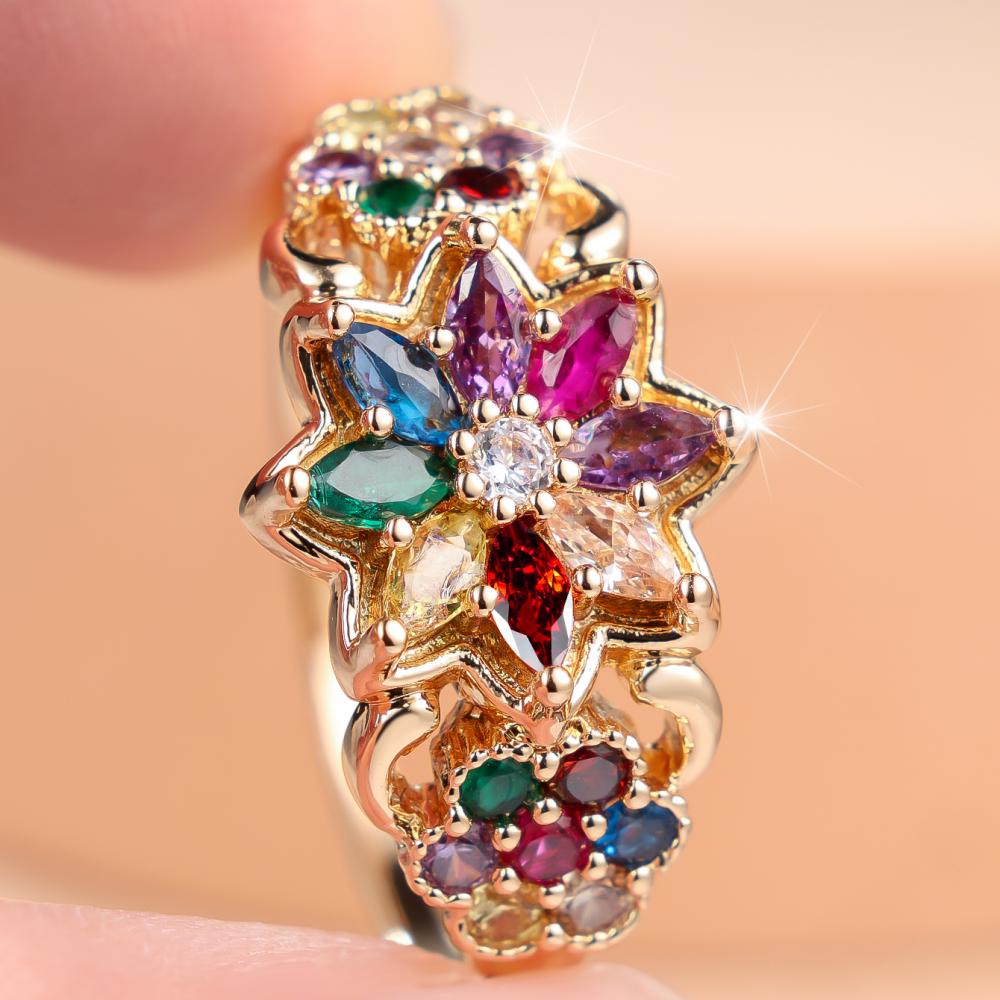 Luxury Multicolor Zircon Flower Ring for Women Fashion Gold Plated Copper Statement Jewelry Wedding Party Gift