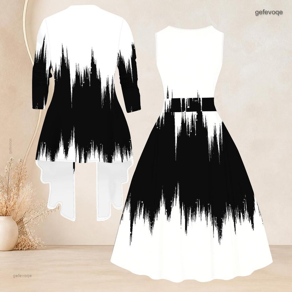 Women Plus Size Two Piece Set Black White Printed Long Sleeve Cardigan Sleeveless Round Neck Tie Waist Flared Dress