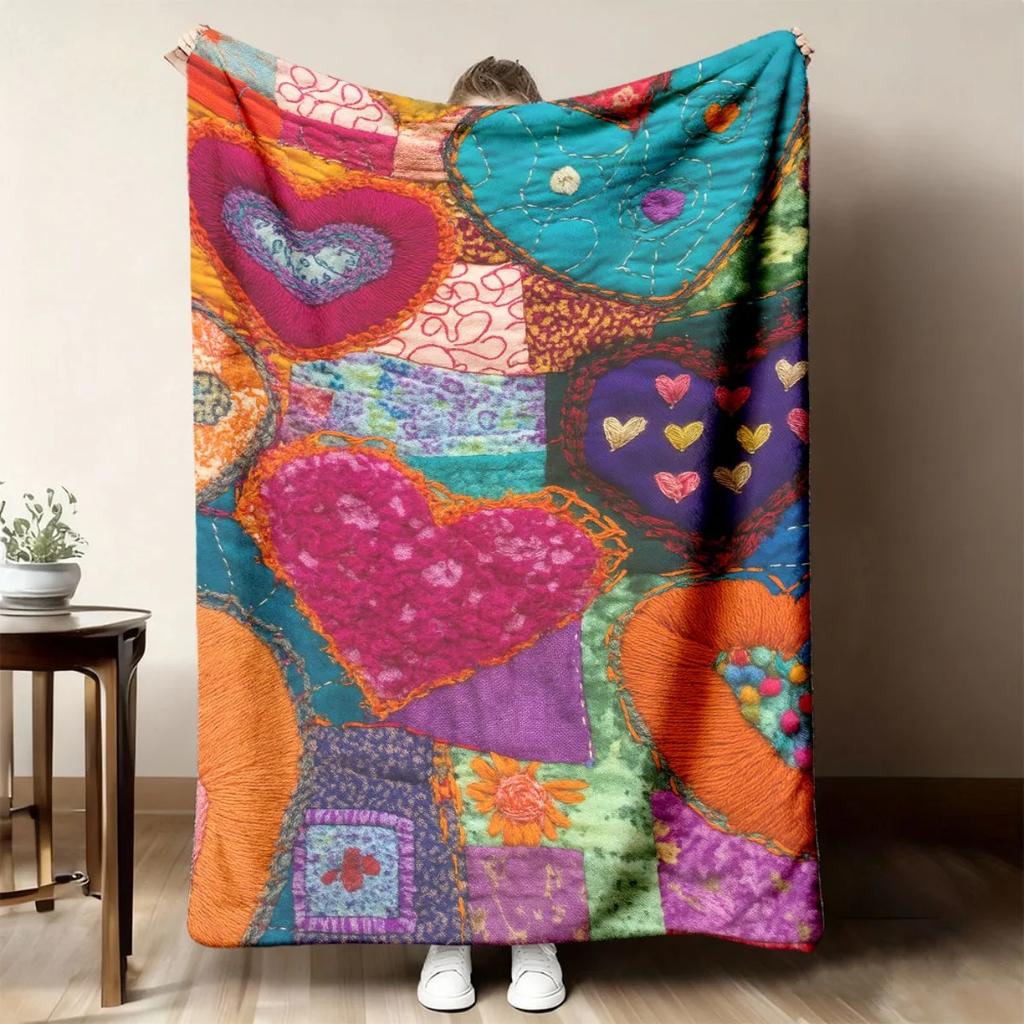 Colorful Heart Patchwork Print Flannel Throw Blanket Bohemian Stitched Love Heart Pattern Soft Plush Blanket for Sofa Bed