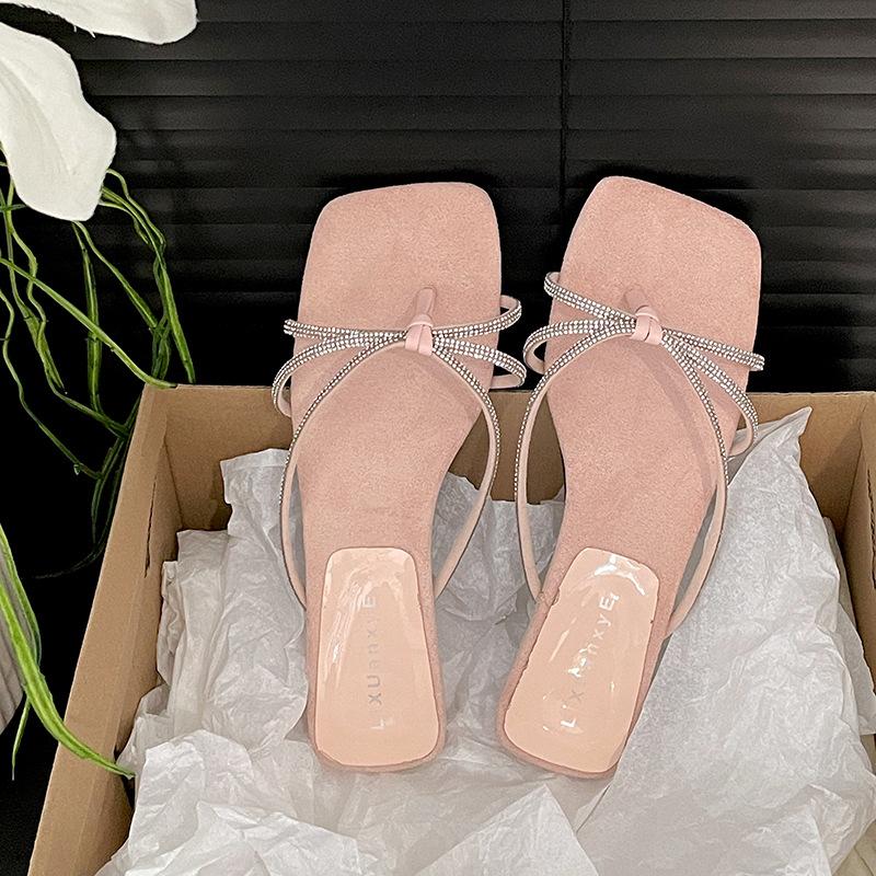 Fashion temperament silver fairy style low heel one-word slippers women's summer wear 2025 new with skirt cool slippers