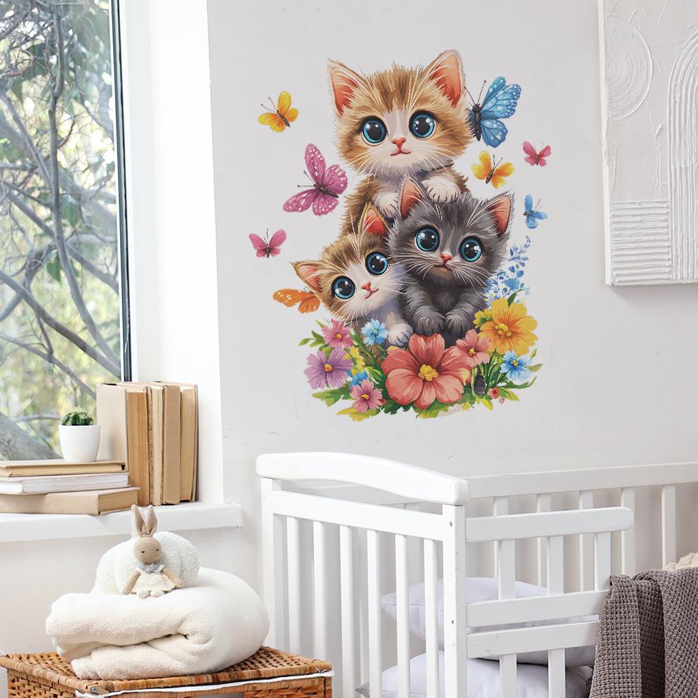 Cute Cat Floral Wall Sticker Self-Adhesive Removable for Bedroom Living Room Closet Dorm Home Decor Art