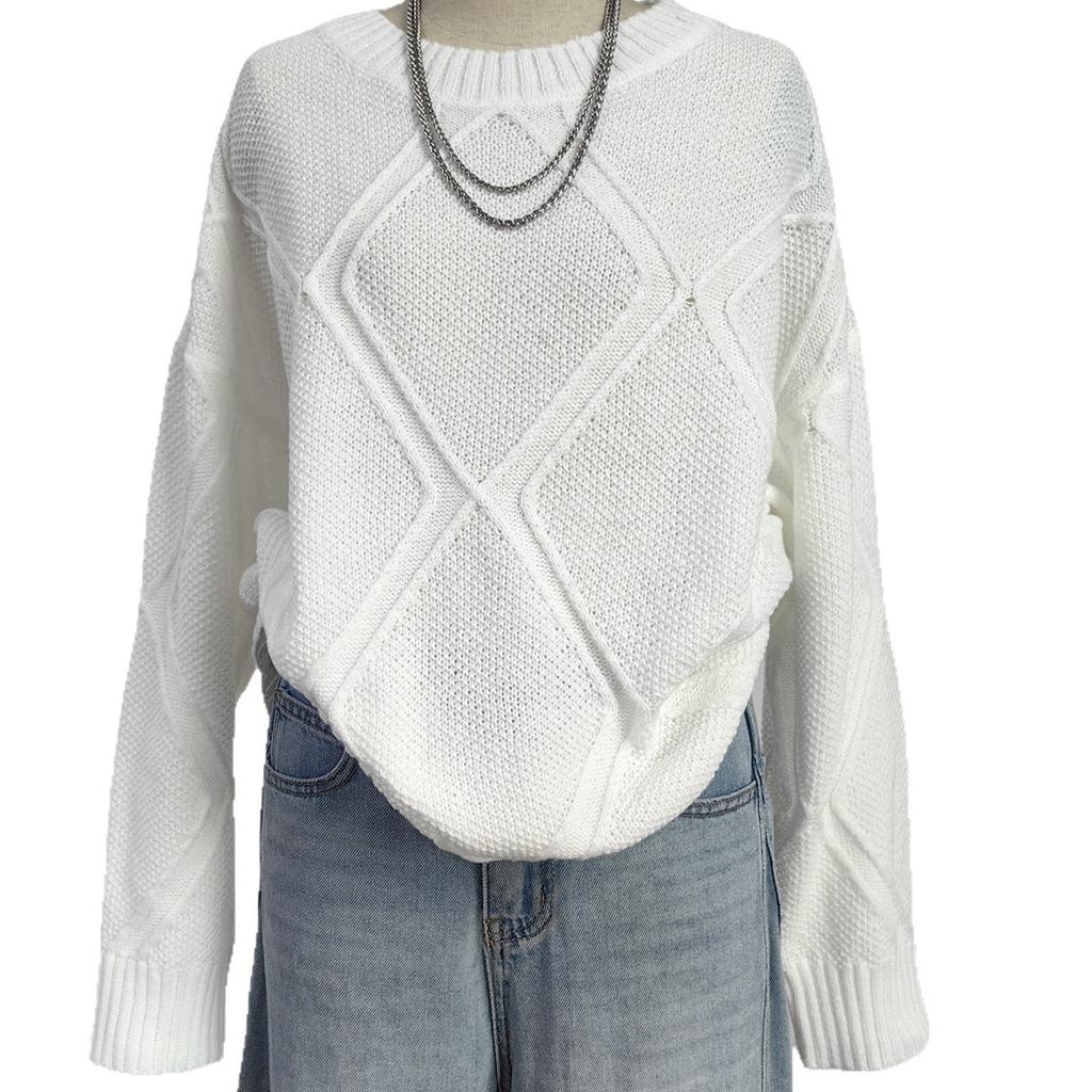 Women's Clothing Diamond-patterned Jacquard Loose and Laid-back Style Casual Pullover Sweater