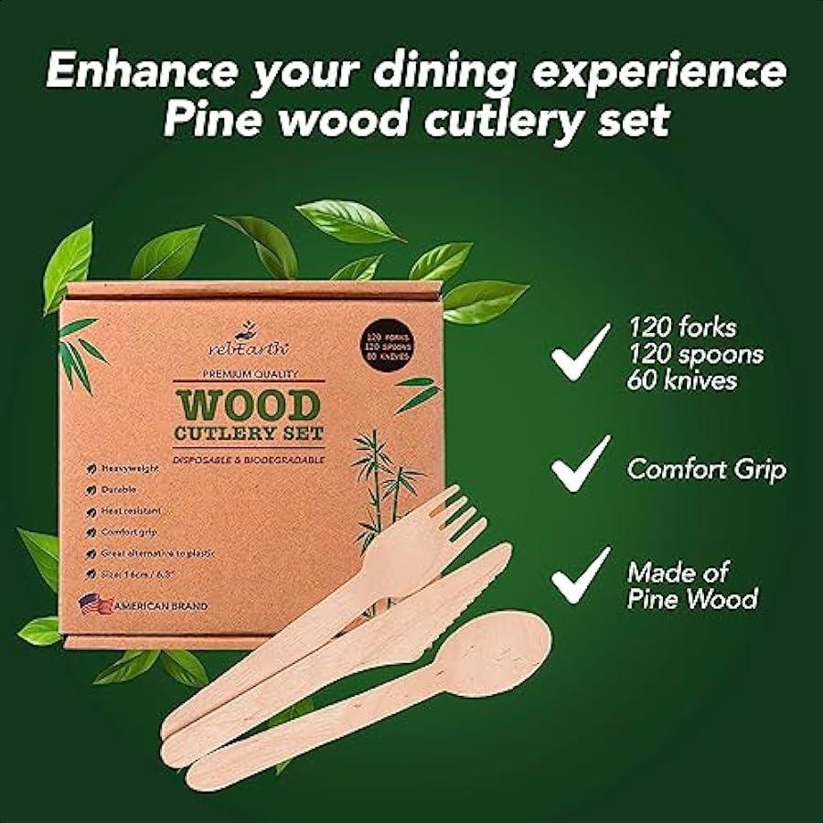 

300 PCS disposable 120 Forks 120 Spoons 60 Knives All Natural EcoFriendly Heavyweight Cutlery Set 6.3 Durable Heat Resistant P United States