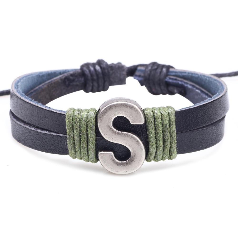 Handmade Woven Leather Bracelet with English Letter Charms
