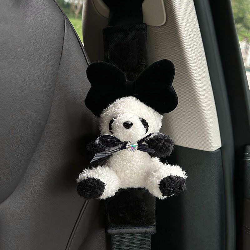 Short Cartoon Panda Car Safety Belt Shoulder Pad Cover Cute Teddy Soft Car Safty Belt Cover Car Interior Ornaments