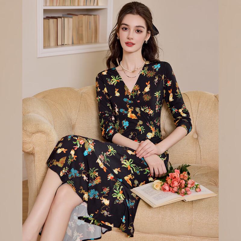 Bailuyu 2025 Autumn V-Neck Floral Print Tie-Waist Midi Tea Dress