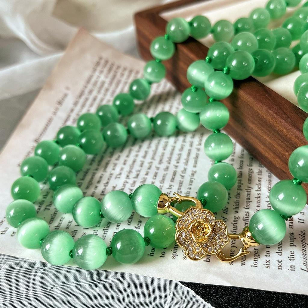 National Style Retro Fruit Green Artificial Opal Rose Buckle Necklace Collarbone Chain Long Sweater Chain