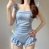 Dopamine small fresh ins tight pure desire wind blue plaid one-piece swimsuit women's conservative meat cover and thin hot spring