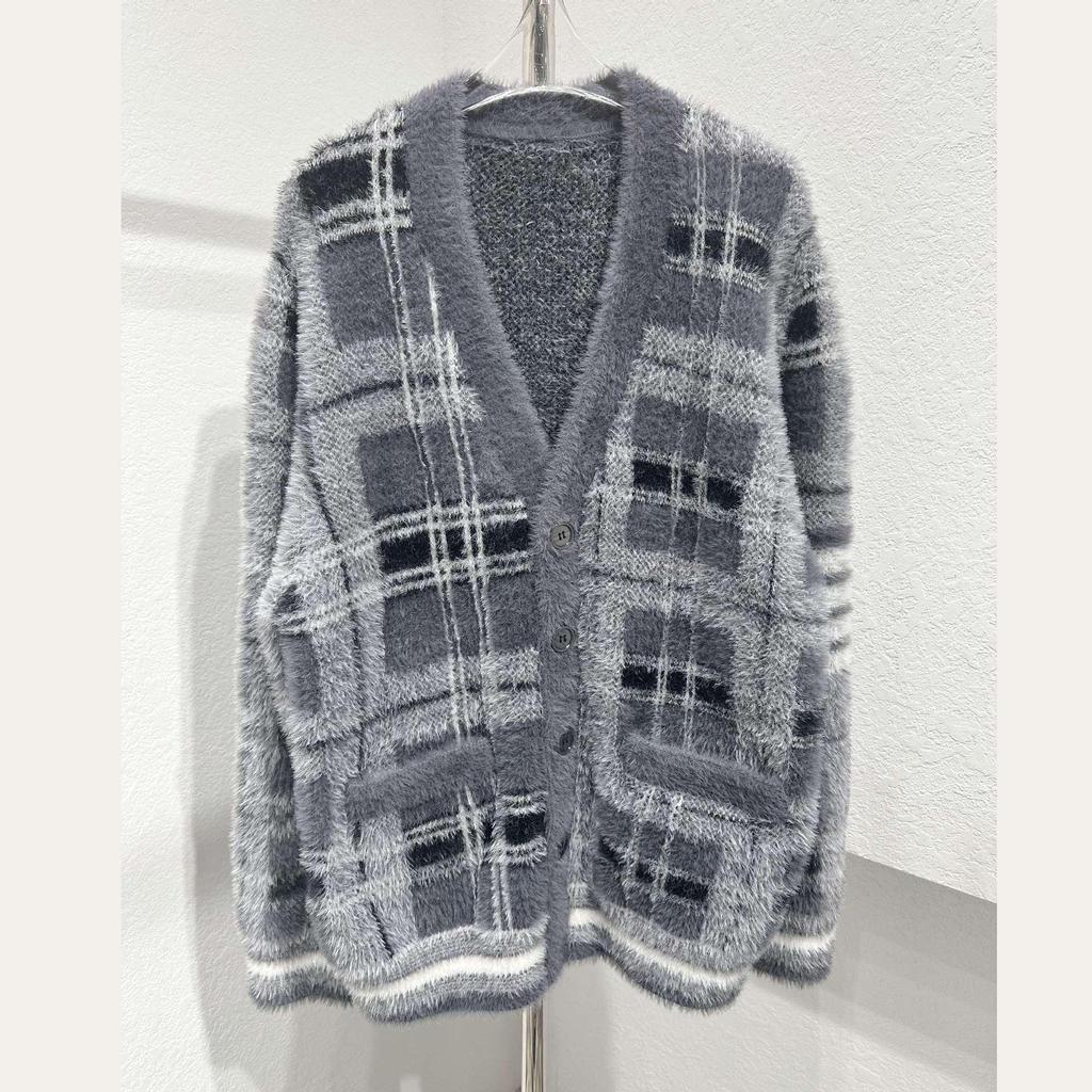 Women's Retro Korean Plaid Knit Cardigan Sweater - Autumn/Winter Imitation Mink Velvet, Japanese Loose Fit.