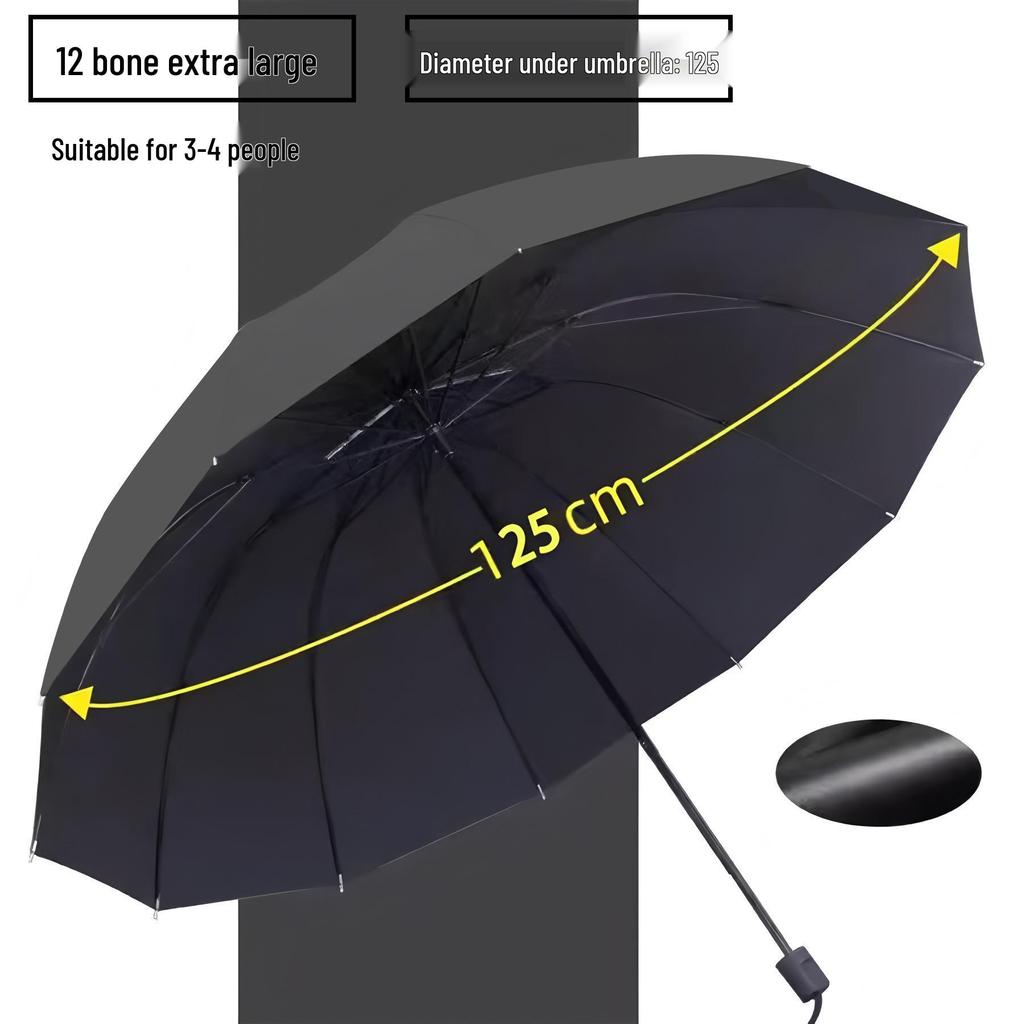 Extra Large 12-Rib Black Folding Umbrella - Heavy-Duty Three-Person Sun and Rain Protection with Custom Logo