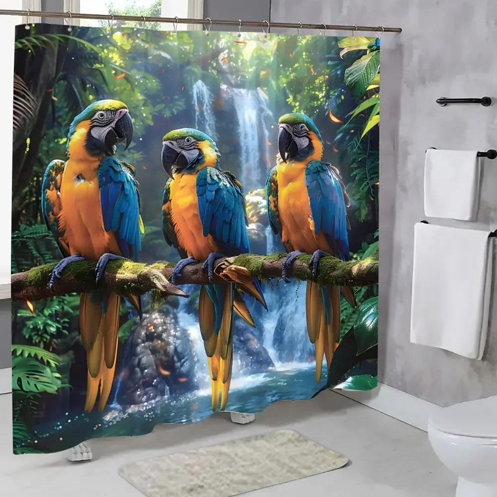 

Popular Parrot Shower Curtain Mountain Waterfall Picturesque Colourful Animals Polyester Fabric Shower Curtains Bathroom Decor W60H190(CM)-1 Pcs