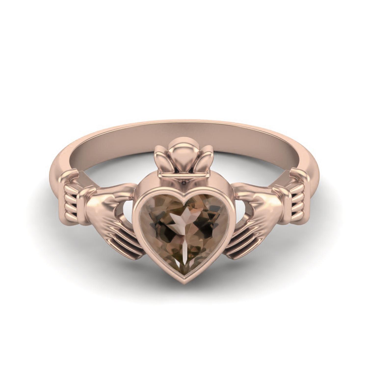 Irish Claddagh 6mm Heart Smoky Quartz 925 Sterling Silver Rose Vermeil Solitaire Women Promise Ring 8 ярко-розовый