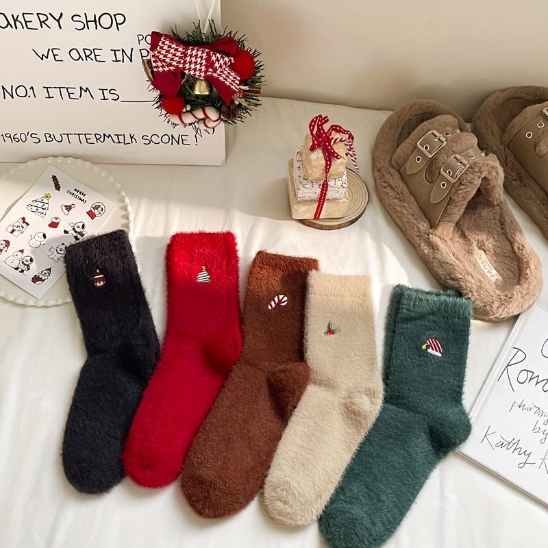 

high quality5pcs Thick Winter Fleece Socks - Mid-Calf Warmth, Soft Plush-like Texture, Red, Brown, Beige, Green, Blue - Cozy Holiday Socks for 5-Pack Mixed Colors