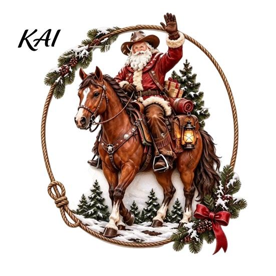 Holiday Home Interior Ornaments Cowboy Santa Riding Horse Metal Wall Art, Western Christmas Round Sign with Sturdy Ranch Accents Rope Border,