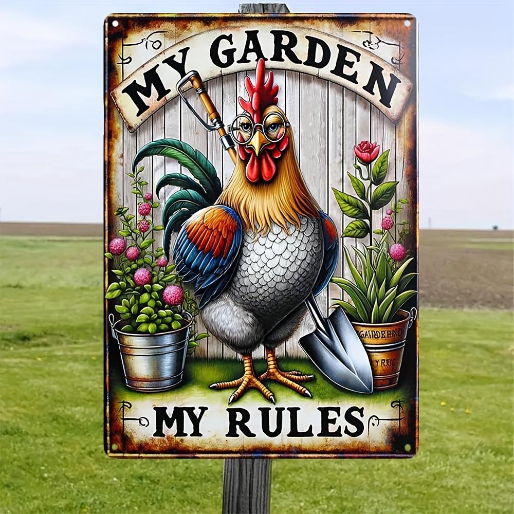 1pc Funny Gardening Metal Poster "My Garden My Rules" Wall Art Aluminum Chicken Tin Signage For Garden, Farmhouse, Chicken Decor
