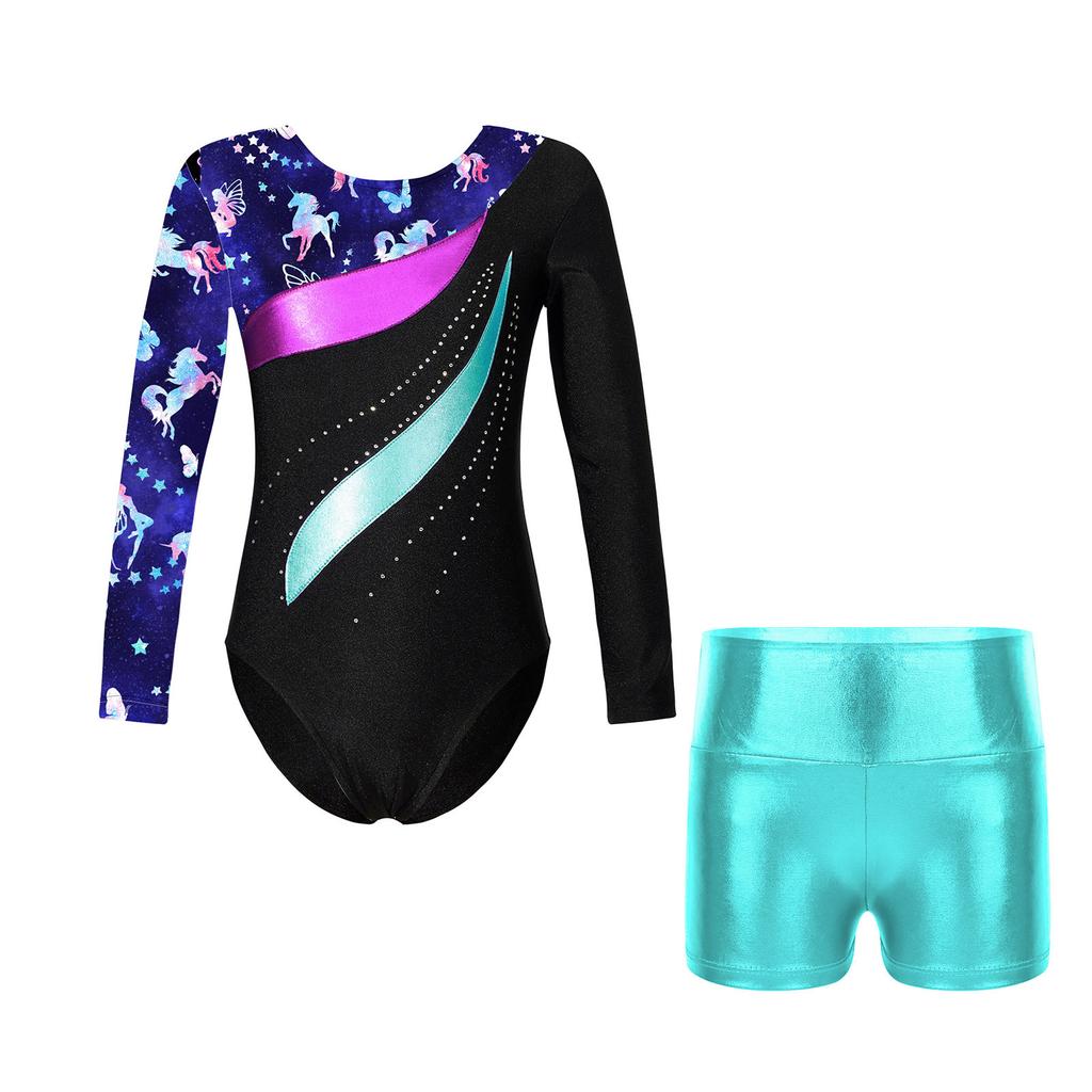 Girls Dance Set Long Sleeve Leotard Shiny Rhinestones Printed Patchwork Design Metallic High Waist Shorts