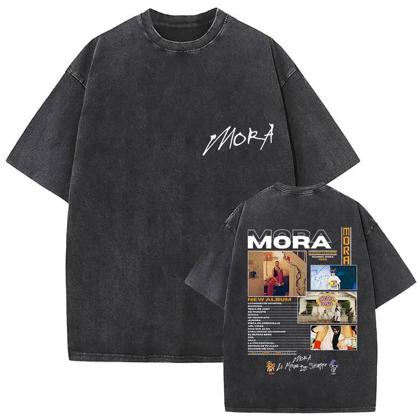 Vintage Washed Mora Lo Mismo De Siempre Album Letter Print TShirt Mens Women High Quality Fashion Oversized Cotton T Shirts