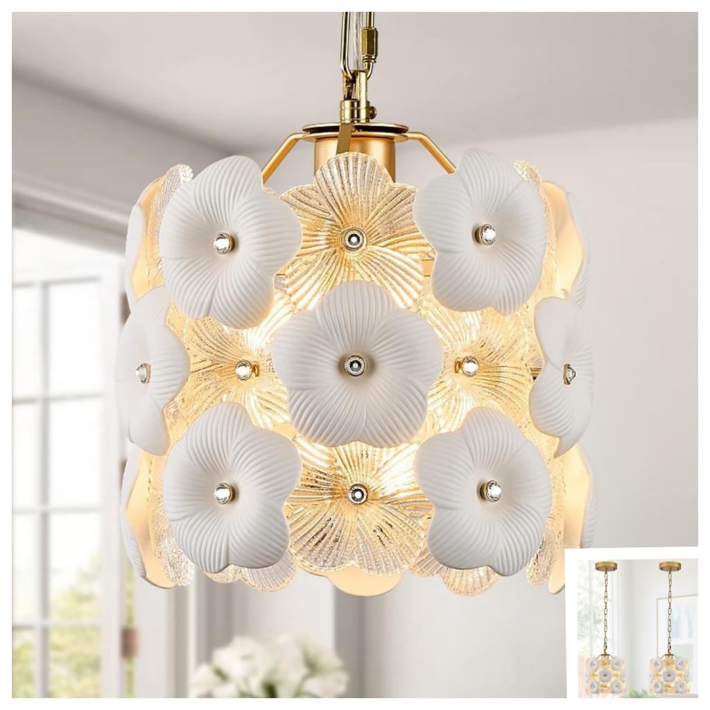 Gold Glass Pendant Light with White Ceramic Flowers